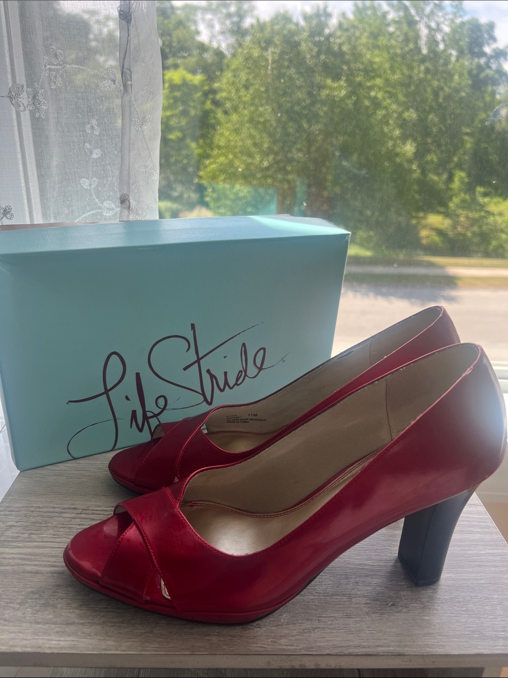 Life Stride Red Patent Peep-Toe Block Heels